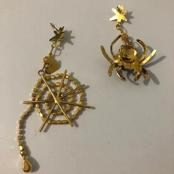 Lunch At The Ritz Gold And Black Crystal Spider Spiderweb Dangle Earrings - Picture 2 of 8